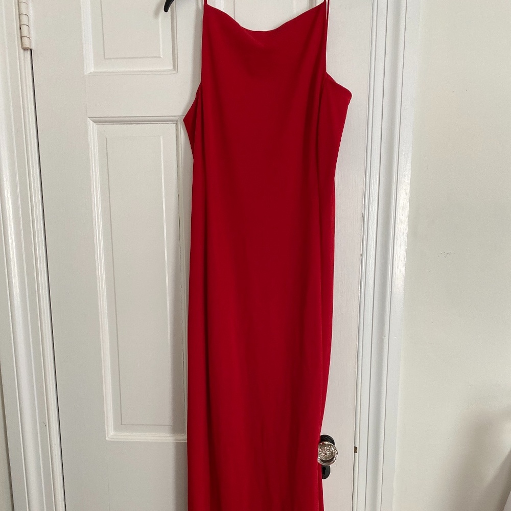 Long red open back dress